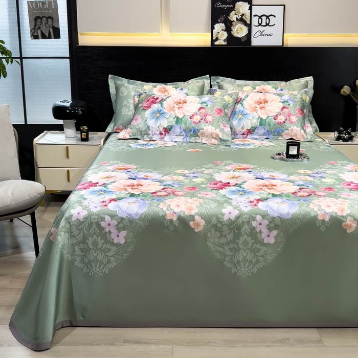 91家纺网 家纺一手货源 找家纺 梵克保罗 2025新款冰丝凉席床单款凉席三件套 繁花