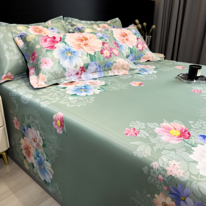 91家纺网 家纺一手货源 找家纺 梵克保罗 2025新款冰丝凉席床单款凉席三件套 繁花