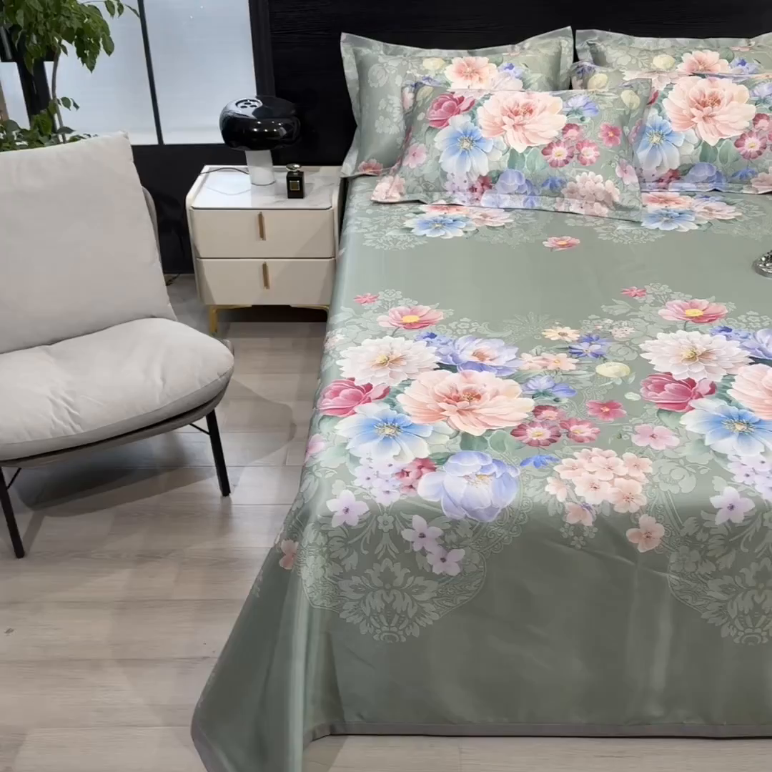 91家纺网 家纺一手货源 找家纺 梵克保罗 2025新款冰丝凉席床单款凉席三件套 繁花