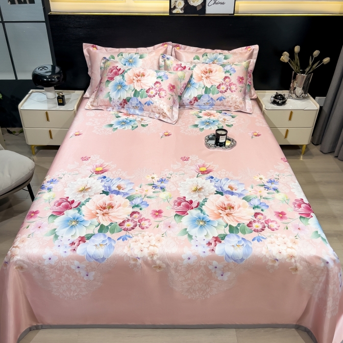 91家纺网 家纺一手货源 找家纺 梵克保罗 2025新款冰丝凉席床单款凉席三件套 海棠花