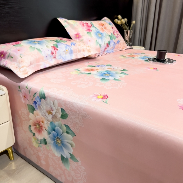 91家纺网 家纺一手货源 找家纺 梵克保罗 2025新款冰丝凉席床单款凉席三件套 海棠花