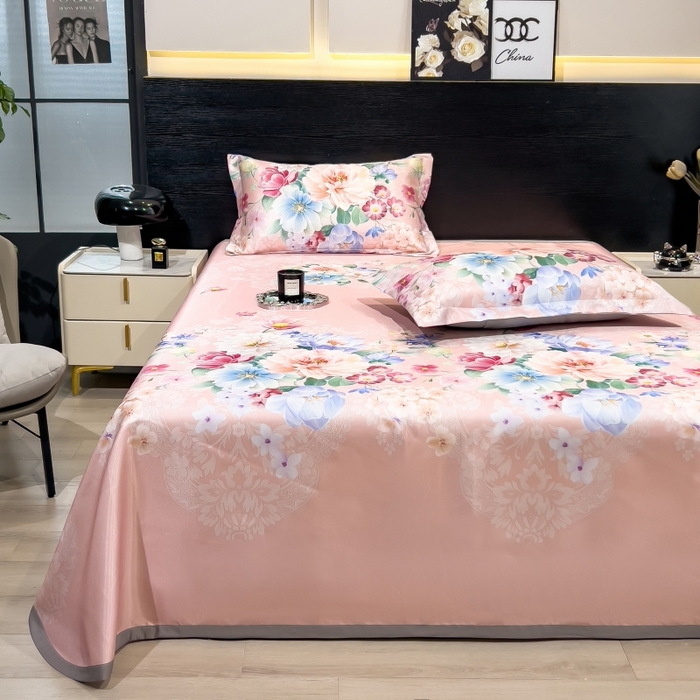 91家纺网 家纺一手货源 找家纺 梵克保罗 2025新款冰丝凉席床单款凉席三件套 海棠花