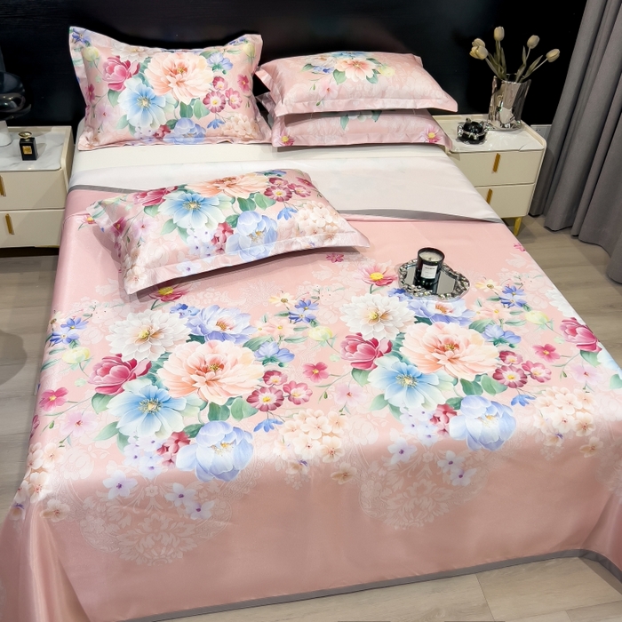 91家纺网 家纺一手货源 找家纺 梵克保罗 2025新款冰丝凉席床单款凉席三件套 海棠花