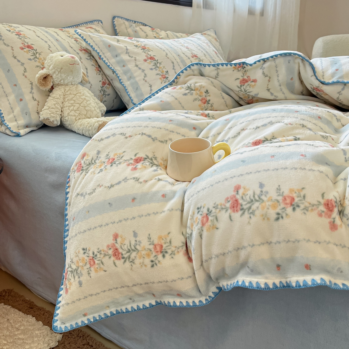 91家纺网 家纺一手货源 找家纺 （总）如一 2025高克重牛奶绒印花三角针工艺四件套