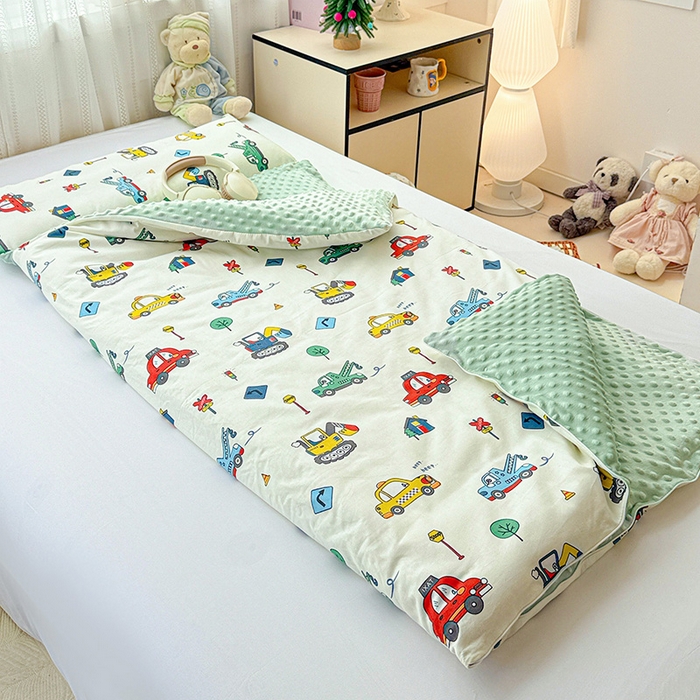 91家纺网 家纺一手货源 找家纺 十九色 2025新款亲肤舒适活套可拆全棉豆豆绒儿童睡袋防踢被 挖掘机