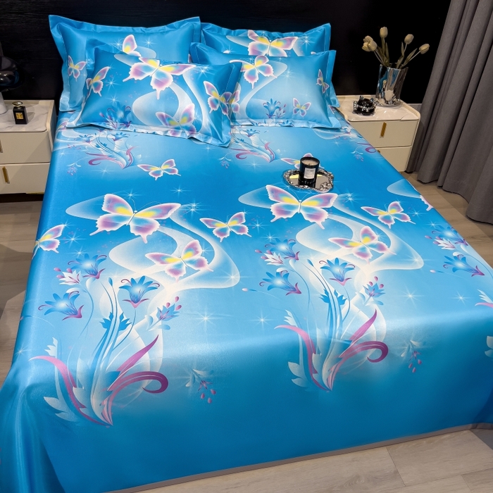 91家纺网 家纺一手货源 找家纺 梵克保罗 2025新款冰丝凉席床单款凉席三件套 蓝色蝶海