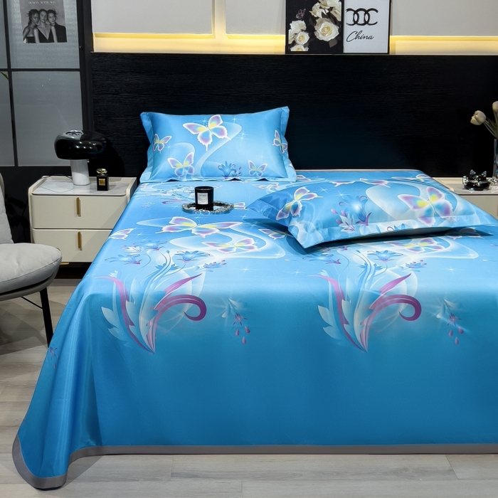 91家纺网 家纺一手货源 找家纺 梵克保罗 2025新款冰丝凉席床单款凉席三件套 蓝色蝶海