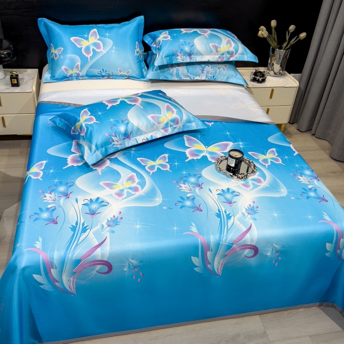 91家纺网 家纺一手货源 找家纺 梵克保罗 2025新款冰丝凉席床单款凉席三件套 蓝色蝶海