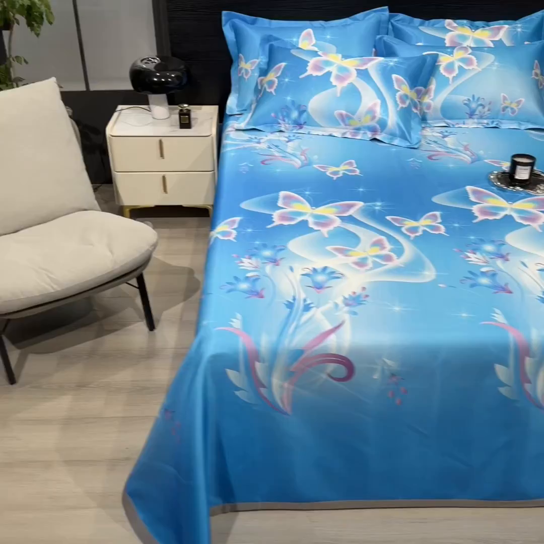 91家纺网 家纺一手货源 找家纺 梵克保罗 2025新款冰丝凉席床单款凉席三件套 蓝色蝶海