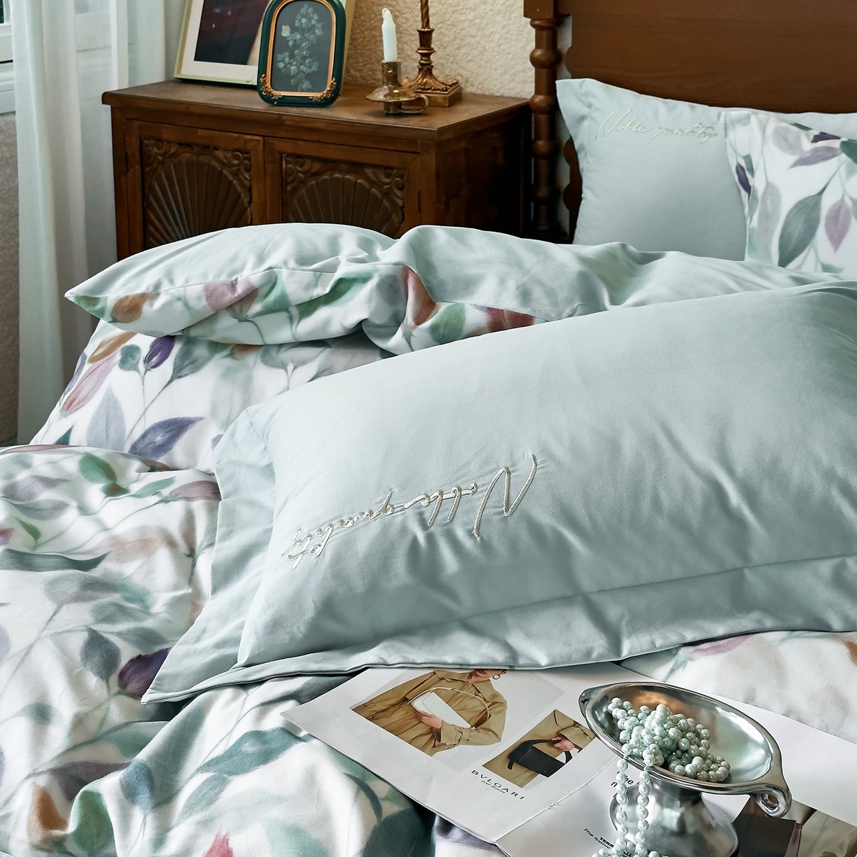 91家纺网 家纺一手货源 找家纺 由丽家纺 2025新款亲肤全棉纯棉磨毛印加绣四件套 景秋-绿