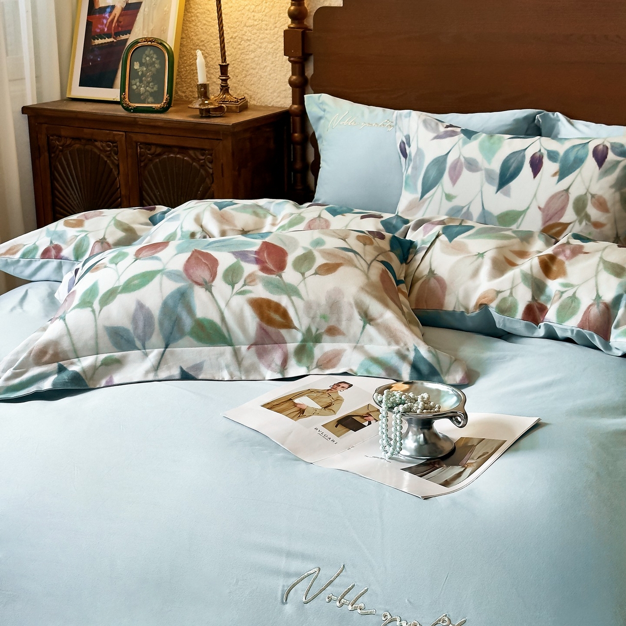 91家纺网 家纺一手货源 找家纺 由丽家纺 2025新款亲肤全棉纯棉磨毛印加绣四件套 景秋-绿