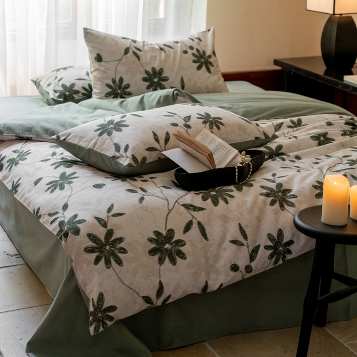 91家纺网 家纺一手货源 找家纺 眷恋家纺 2025新款全棉贡缎磨毛数码印花四件套 花解语-绿