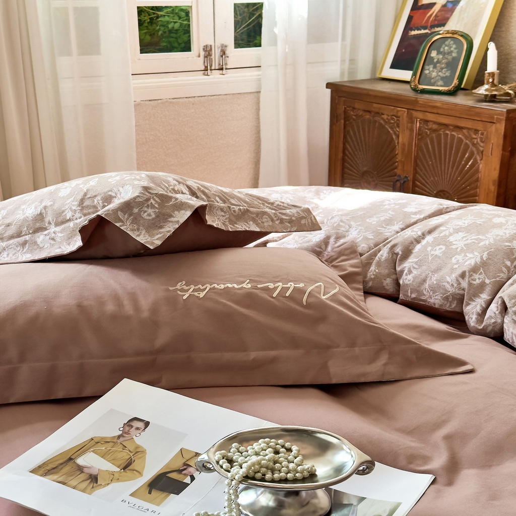 91家纺网 家纺一手货源 找家纺 由丽家纺 2025新款亲肤全棉纯棉磨毛印加绣四件套 兰序-桔