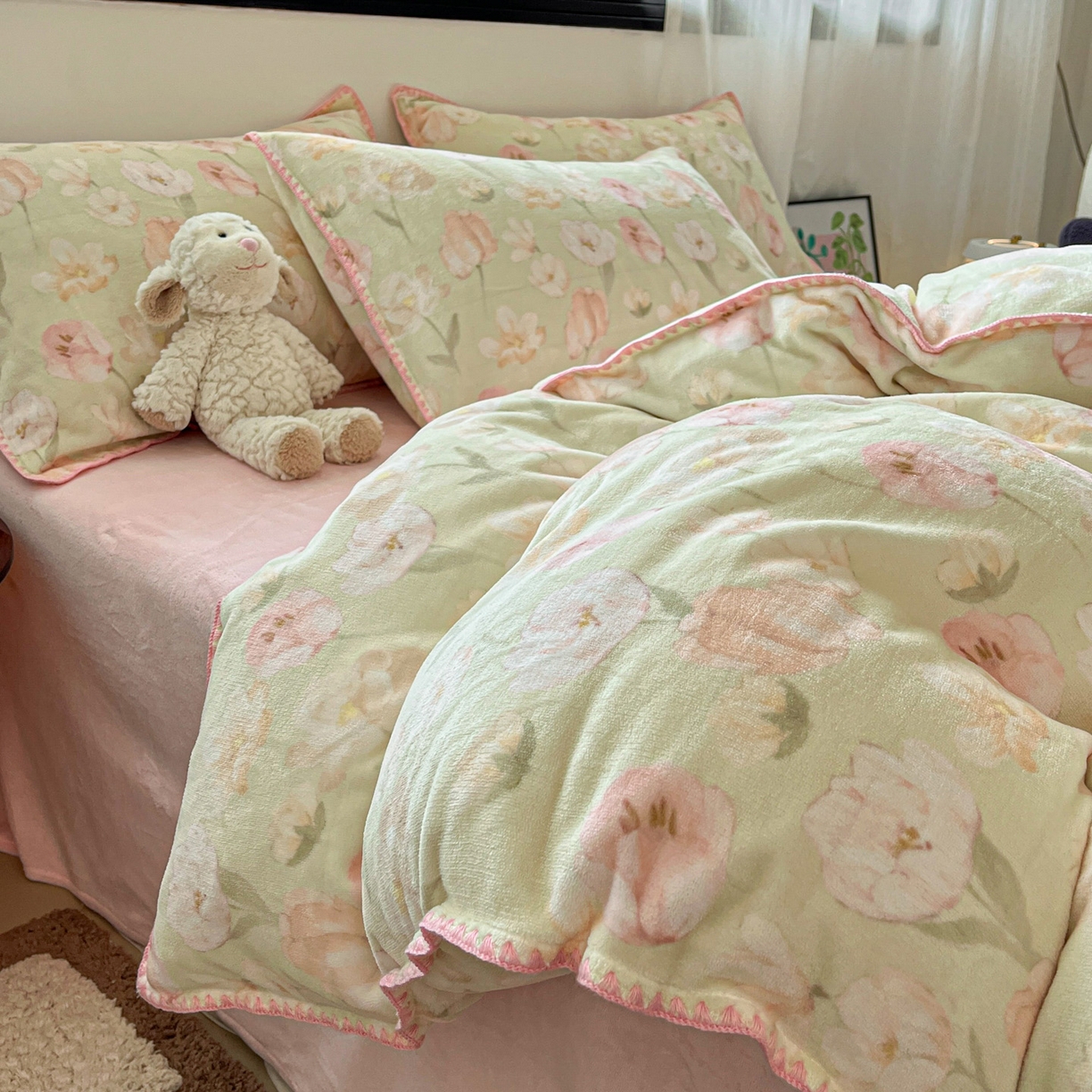 91家纺网 家纺一手货源 找家纺 如一 2025高克重牛奶绒印花三角针工艺四件套 清欢