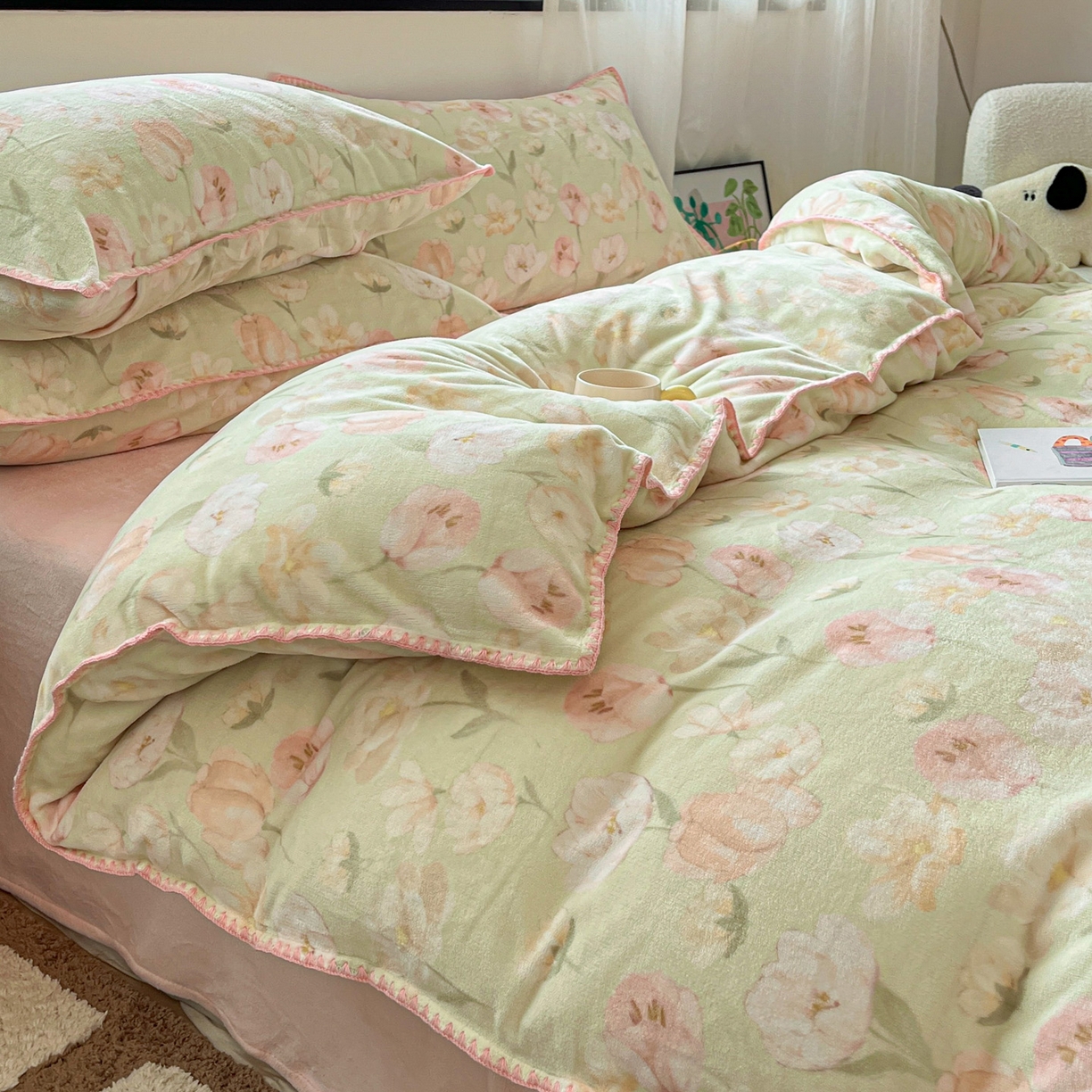 91家纺网 家纺一手货源 找家纺 如一 2025高克重牛奶绒印花三角针工艺四件套 清欢