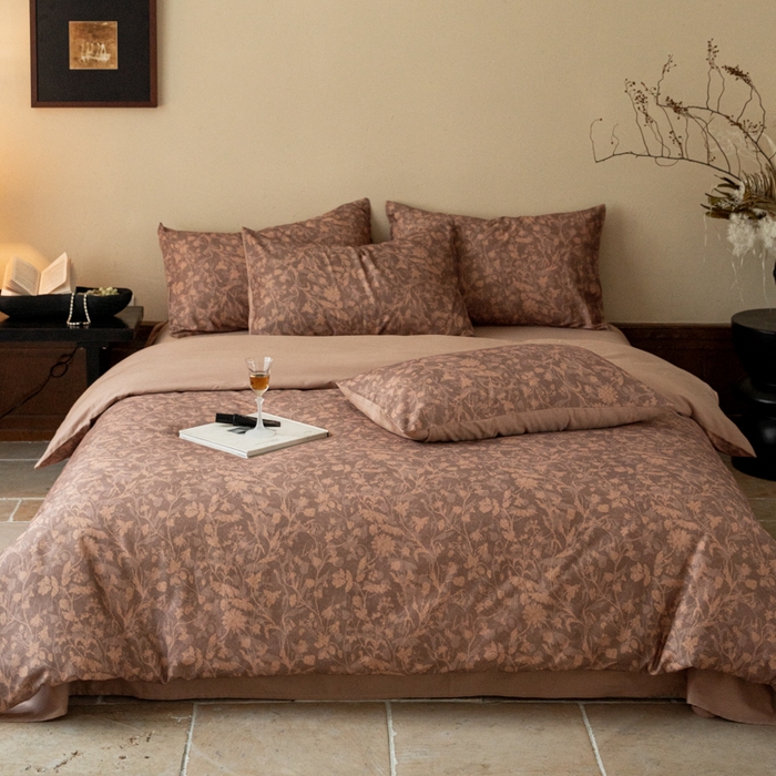 眷恋家纺 2025新款全棉贡缎磨毛数码印花四件套 莳萝-咖