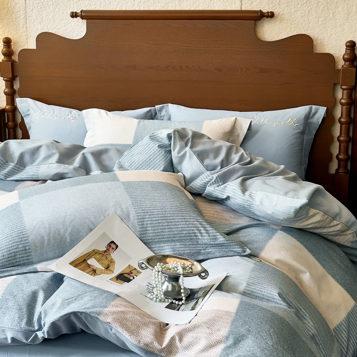 91家纺网 家纺一手货源 找家纺 由丽家纺 2025新款亲肤全棉纯棉磨毛印加绣四件套 沐弦-蓝