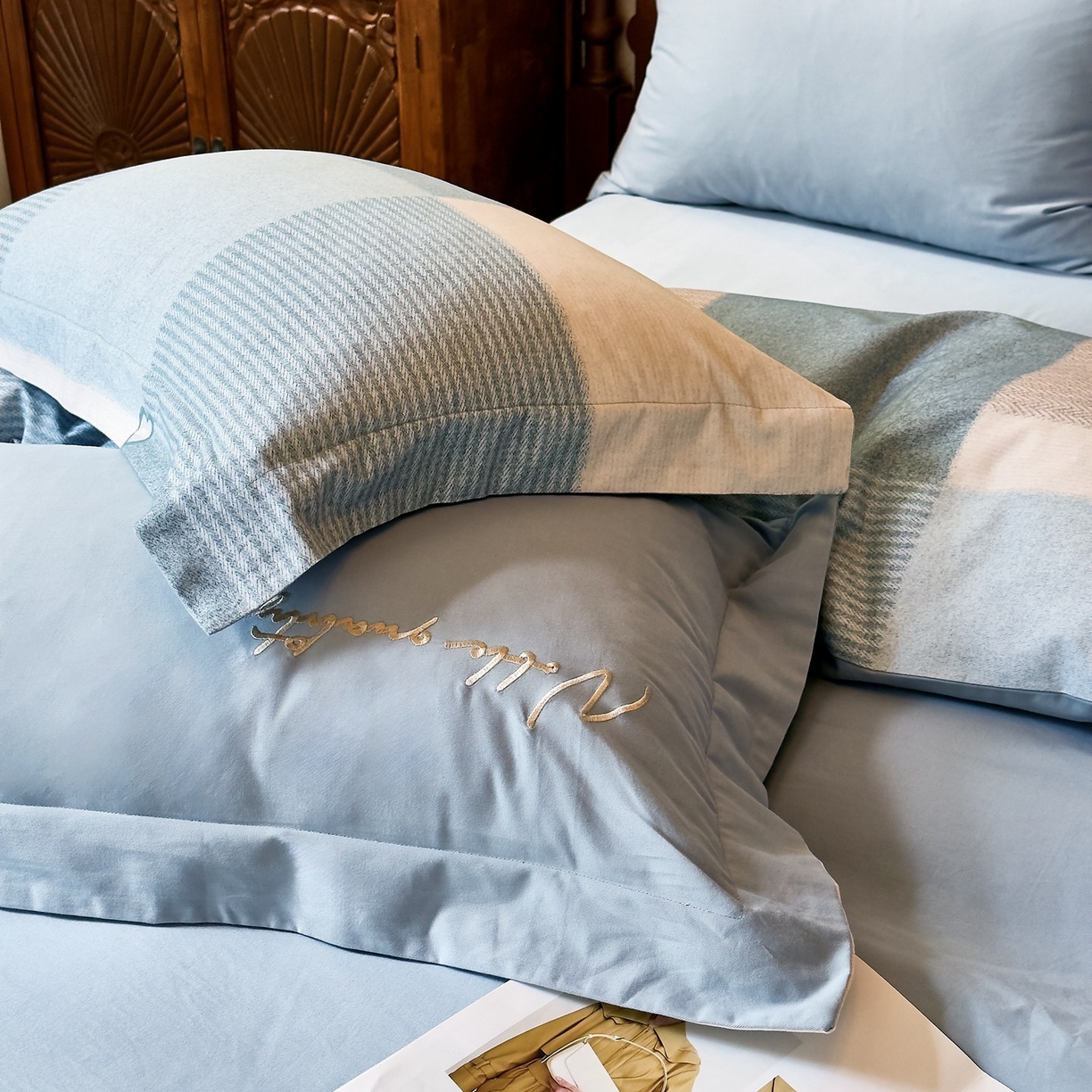 91家纺网 家纺一手货源 找家纺 由丽家纺 2025新款亲肤全棉纯棉磨毛印加绣四件套 沐弦-蓝