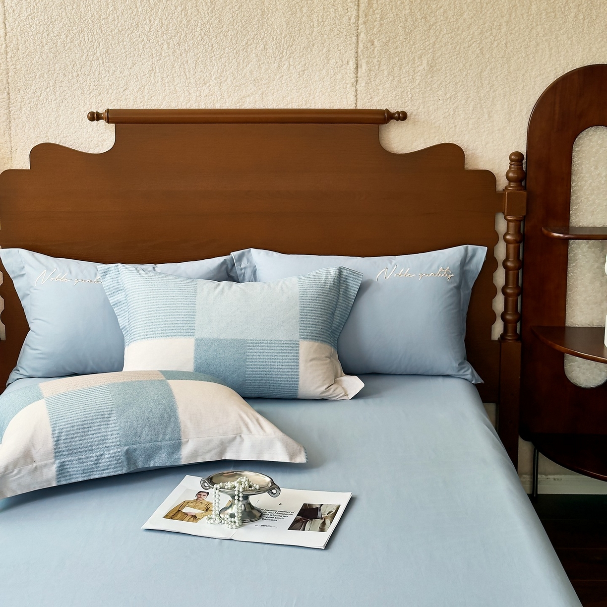 91家纺网 家纺一手货源 找家纺 由丽家纺 2025新款亲肤全棉纯棉磨毛印加绣四件套 沐弦-蓝