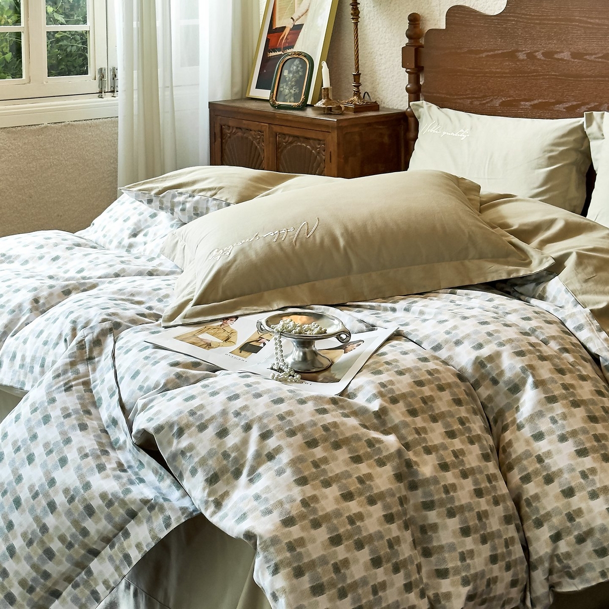 91家纺网 家纺一手货源 找家纺 由丽家纺 2025新款亲肤全棉纯棉磨毛印加绣四件套 随感-绿