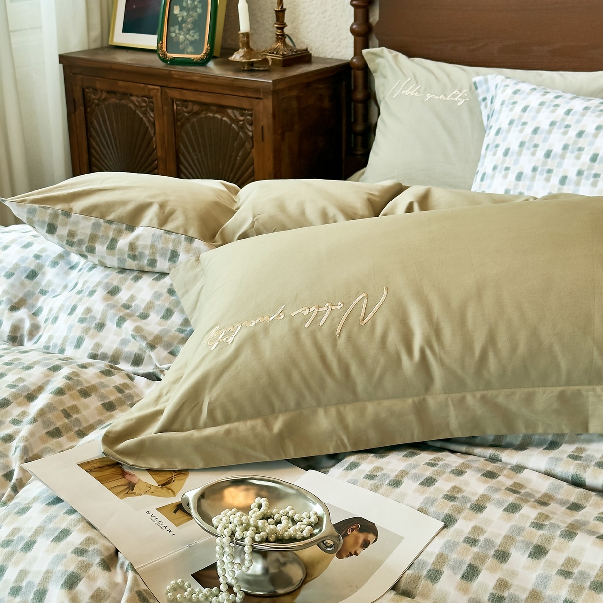 91家纺网 家纺一手货源 找家纺 由丽家纺 2025新款亲肤全棉纯棉磨毛印加绣四件套 随感-绿