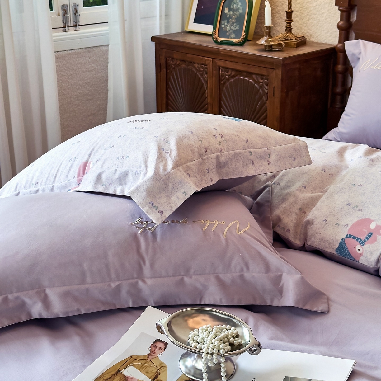 91家纺网 家纺一手货源 找家纺 由丽家纺 2025新款亲肤全棉纯棉磨毛印加绣四件套 幸福熊-米