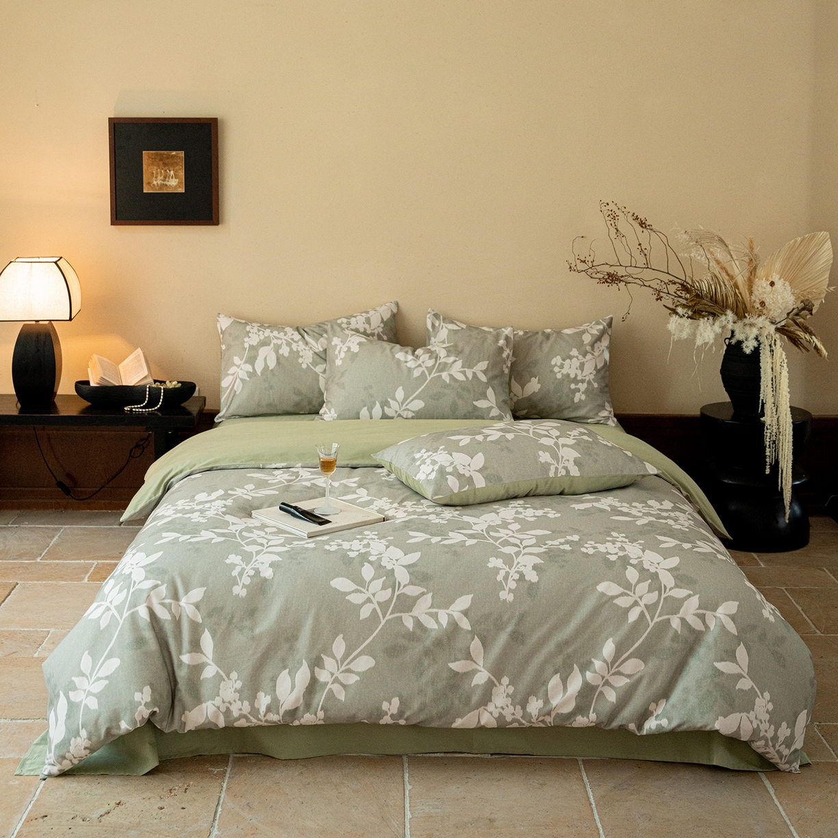 眷恋家纺 2025新款全棉贡缎磨毛数码印花四件套 池影-绿