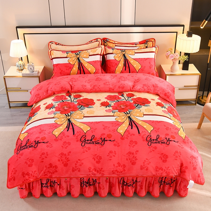 91家纺网 家纺一手货源 找家纺 雨洋2025新款加厚保暖8.5斤牛奶绒金貂婴儿绒四件套 玫瑰花语