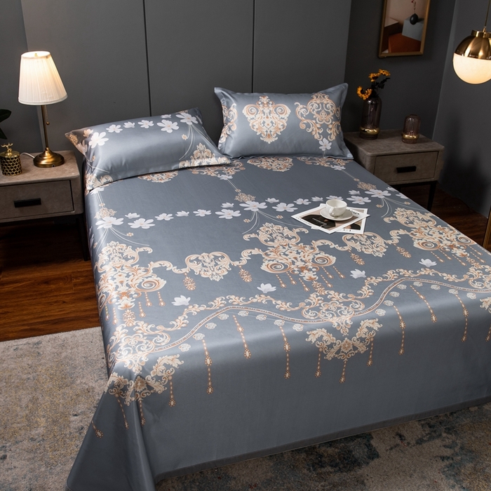 91家纺网 家纺一手货源 找家纺 梵克保罗 2025新款冰丝凉席床单款凉席三件套 落英缤纷-灰