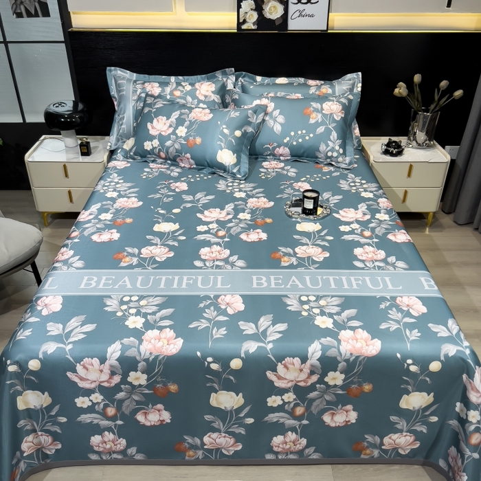 91家纺网 家纺一手货源 找家纺 梵克保罗 2025新款冰丝凉席床单款凉席三件套 蜜桃花