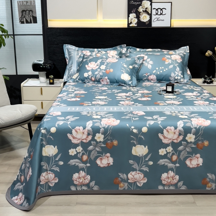 91家纺网 家纺一手货源 找家纺 梵克保罗 2025新款冰丝凉席床单款凉席三件套 蜜桃花