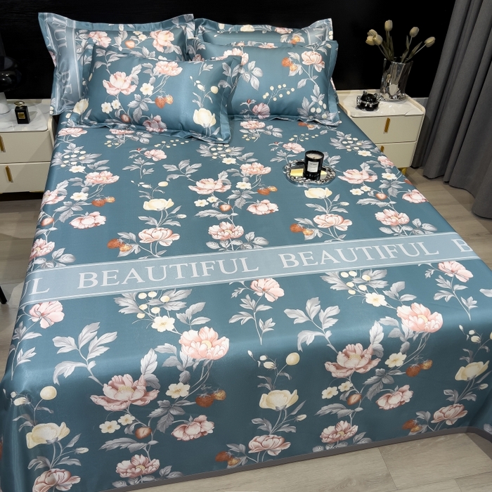 91家纺网 家纺一手货源 找家纺 梵克保罗 2025新款冰丝凉席床单款凉席三件套 蜜桃花