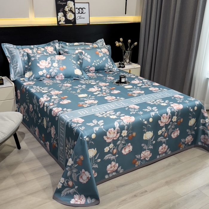 91家纺网 家纺一手货源 找家纺 梵克保罗 2025新款冰丝凉席床单款凉席三件套 蜜桃花