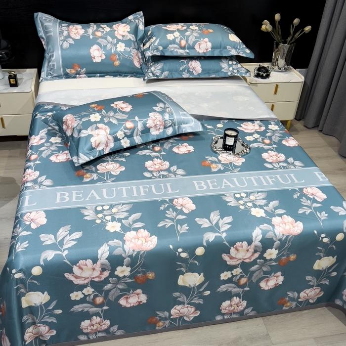 91家纺网 家纺一手货源 找家纺 梵克保罗 2025新款冰丝凉席床单款凉席三件套 蜜桃花