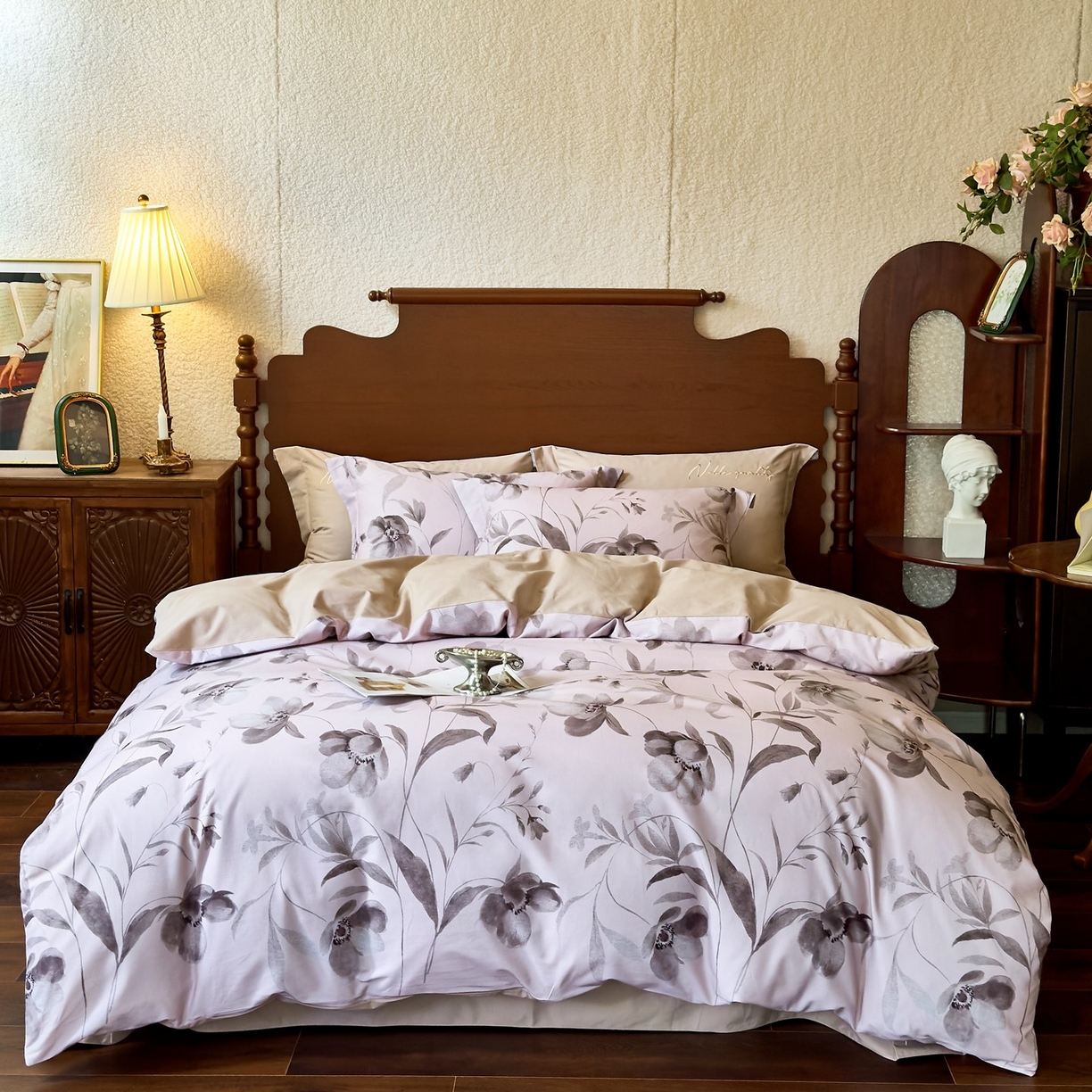 91家纺网 家纺一手货源 找家纺 由丽家纺 2025新款亲肤全棉纯棉磨毛印加绣四件套 知茵-豆沙