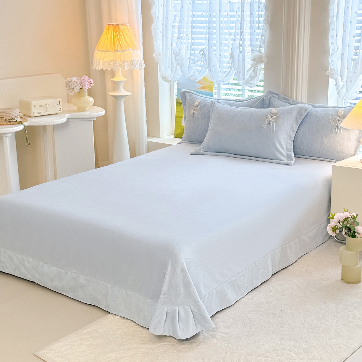 91家纺网 家纺一手货源 找家纺 艾唯希家纺 2025新款韩版全消光雕花绒工艺四件套牛奶绒-郁金之恋 郁金之恋-蓝