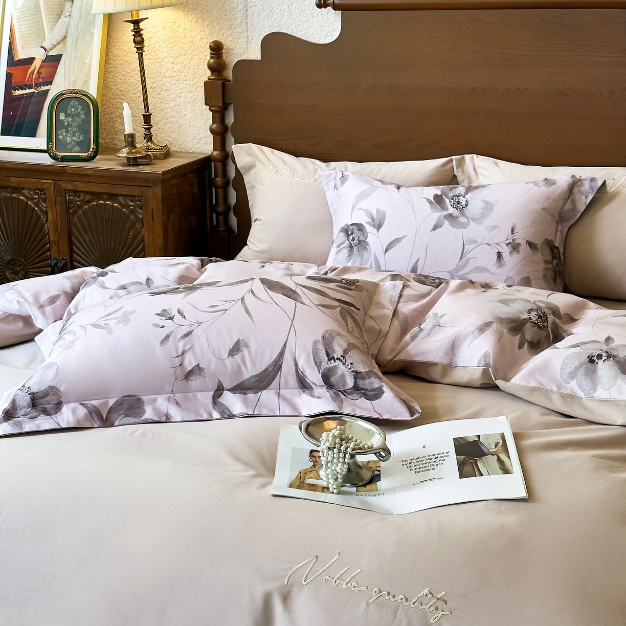 91家纺网 家纺一手货源 找家纺 由丽家纺 2025新款亲肤全棉纯棉磨毛印加绣四件套 知茵-豆沙