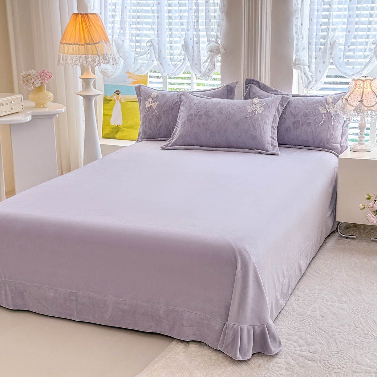 91家纺网 家纺一手货源 找家纺 艾唯希家纺 2025新款韩版全消光雕花绒工艺四件套牛奶绒-郁金之恋 郁金之恋-紫