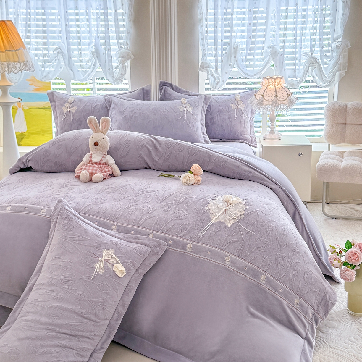 91家纺网 家纺一手货源 找家纺 艾唯希家纺 2025新款韩版全消光雕花绒工艺四件套牛奶绒-郁金之恋 郁金之恋-紫