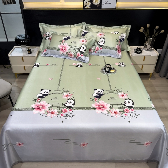 91家纺网 家纺一手货源 找家纺 梵克保罗 2025新款冰丝凉席床单款凉席三件套 熊猫