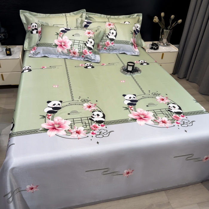 91家纺网 家纺一手货源 找家纺 梵克保罗 2025新款冰丝凉席床单款凉席三件套 熊猫