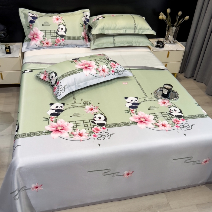 91家纺网 家纺一手货源 找家纺 梵克保罗 2025新款冰丝凉席床单款凉席三件套 熊猫