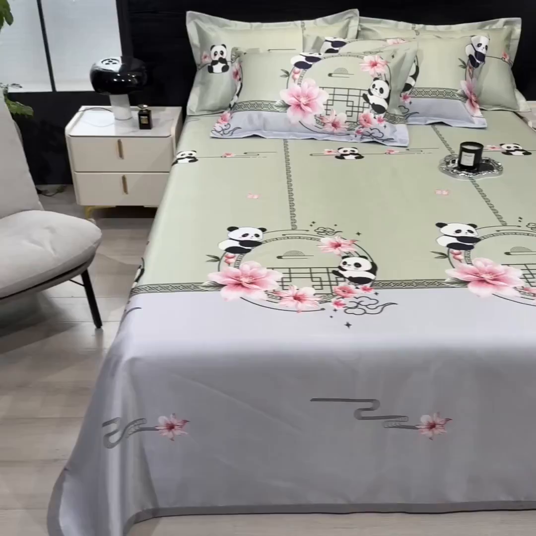 91家纺网 家纺一手货源 找家纺 梵克保罗 2025新款冰丝凉席床单款凉席三件套 熊猫