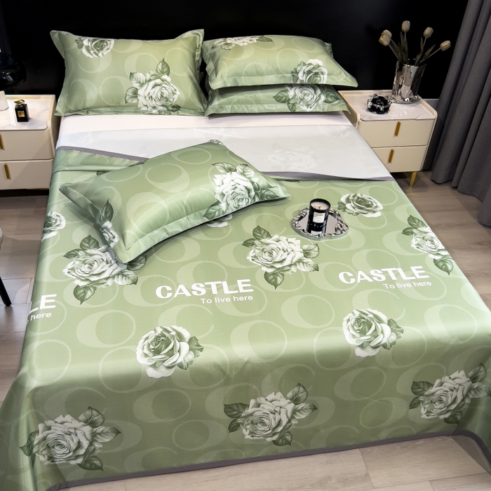 91家纺网 家纺一手货源 找家纺 梵克保罗 2025新款冰丝凉席床单款凉席三件套 雨桐绿