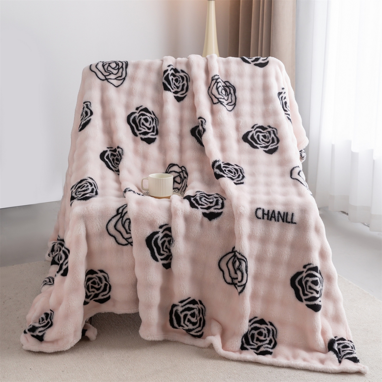 安琪家纺 2025新款爆品temu希音TK350g山茶花仿兔毛绒毯休闲大泡泡毯跨境外贸出口  山茶花-粉