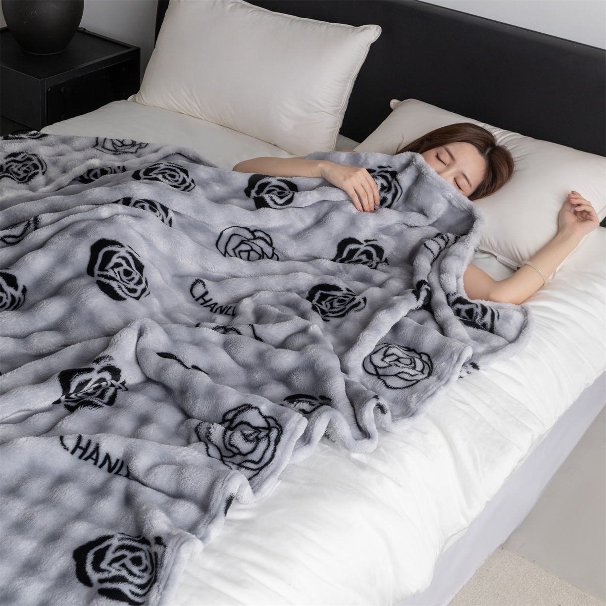 91家纺网 家纺一手货源 找家纺 安琪家纺 2025新款爆品temu希音TK350g山茶花仿兔毛绒毯休闲大泡泡毯跨境外贸出口  山茶花-灰