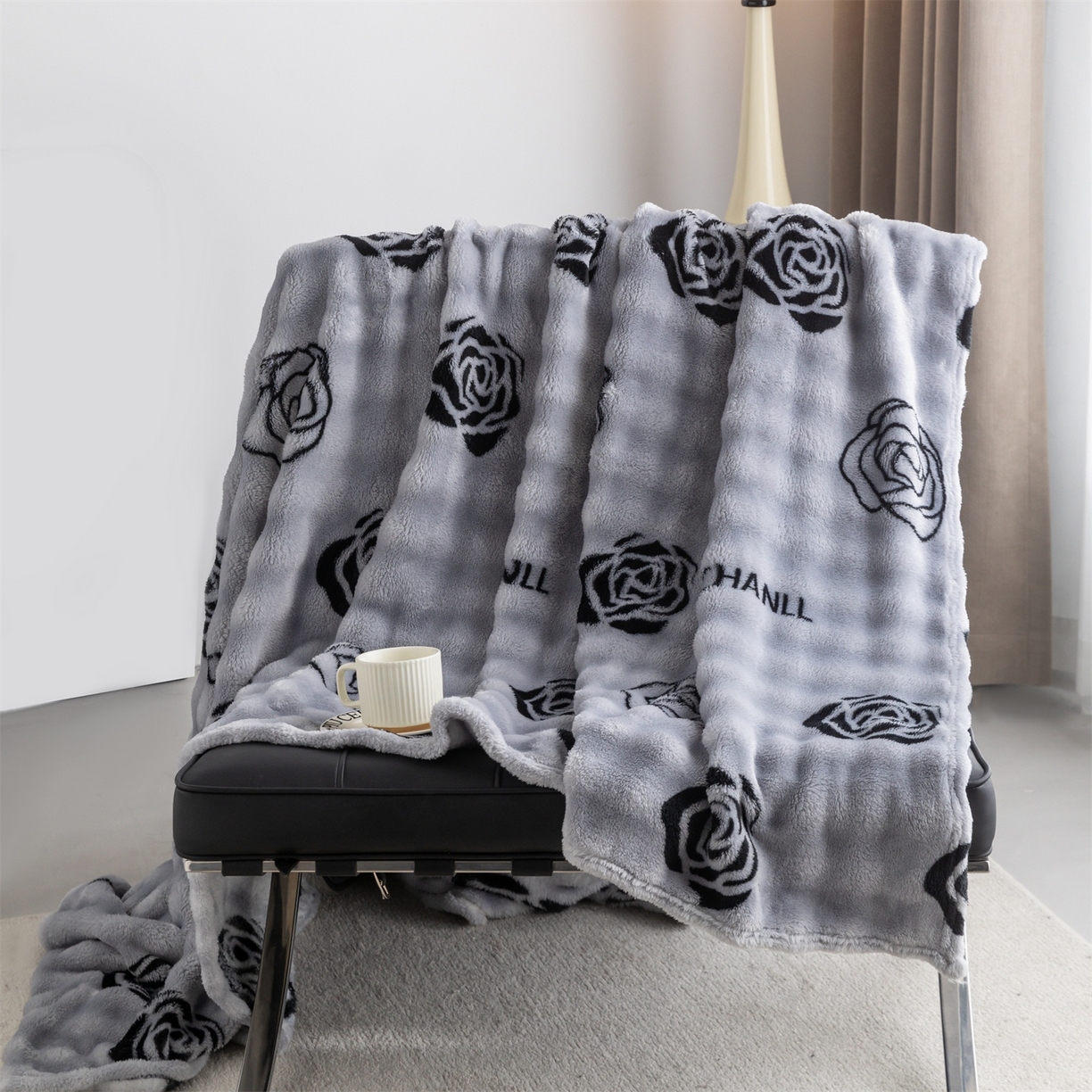 91家纺网 家纺一手货源 找家纺 安琪家纺 2025新款爆品temu希音TK350g山茶花仿兔毛绒毯休闲大泡泡毯跨境外贸出口  山茶花-灰