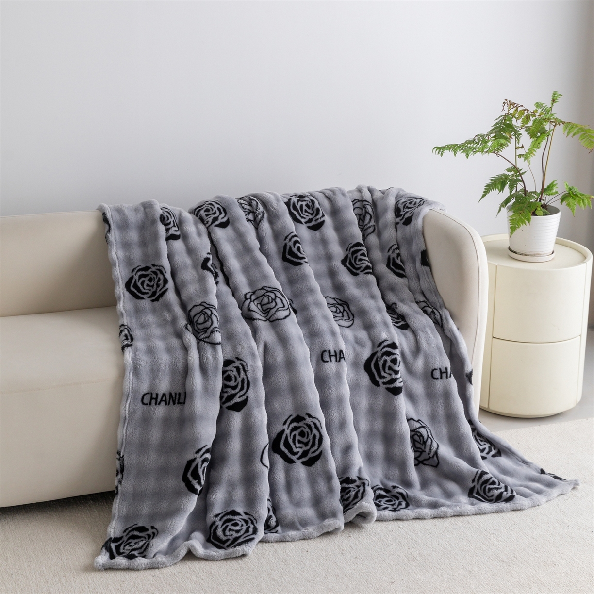 91家纺网 家纺一手货源 找家纺 安琪家纺 2025新款爆品temu希音TK350g山茶花仿兔毛绒毯休闲大泡泡毯跨境外贸出口  山茶花-灰