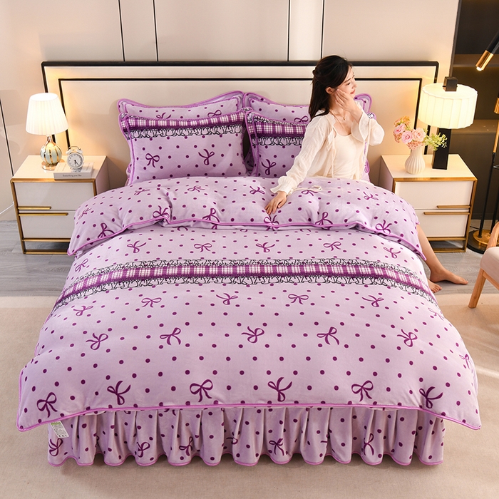 91家纺网 家纺一手货源 找家纺 雨洋2025新款加厚保暖8.5斤牛奶绒金貂婴儿绒四件套 蝴蝶结紫