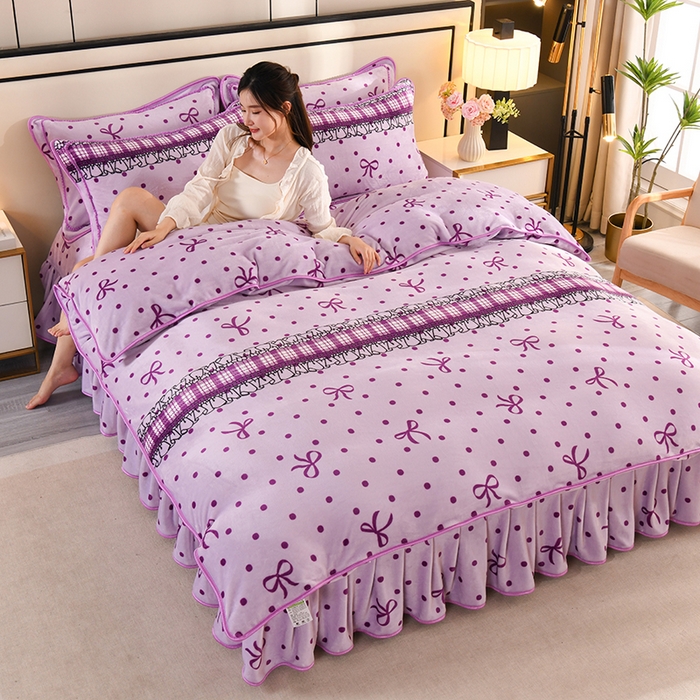 91家纺网 家纺一手货源 找家纺 雨洋2025新款加厚保暖8.5斤牛奶绒金貂婴儿绒四件套 蝴蝶结紫